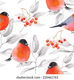 Seamless winter background with bullfinch