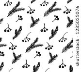 Seamless winter background, Christmas backgroun with hand drawn branches of spruce and berries. Monochrome black and white ornament. Gift wrapping paper design.