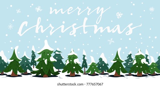 Seamless winter background with christmas trees, snow and lettering. Greeting card template. New year and Xmas Holidays design. Vector illustration of winter landscape, forest.