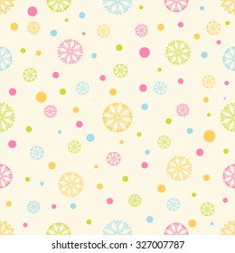 Seamless winter background with colorful snowflakes. Winter pattern. For cards, invitations, wedding or baby shower albums, backgrounds, arts and scrapbooks. Vector image. 