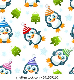 Seamless winter background with cute penguins and pine trees