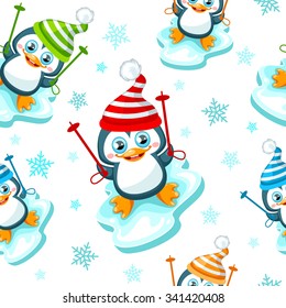 Seamless winter background with cute skiing penguins