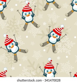 Seamless winter background with cute skiing penguins