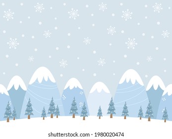 Seamless winter background design with snowcapped mountains, falling snow, and trees. Cartoon style winter landscape illustration. For poster, web banner, greeting cards, etc.