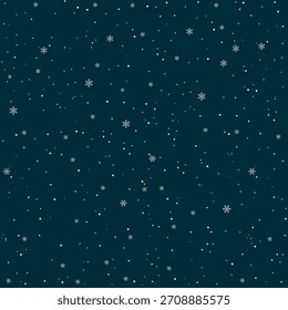 Seamless winter background with falling snow and snowflakes on a dark blue backdrop. Perfect for Christmas cards, wrapping paper, invitations, prints and festive seasonal design projects. Vector.