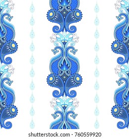 Seamless winter background with feather and paisley flowers. Vertical borders. Bluebird collection