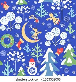 Seamless winter background with funny childish pattern with reindeer, Christmas wreath, snowman and snowy trees for fabric, wrapping, textile, wallpaper, apparel