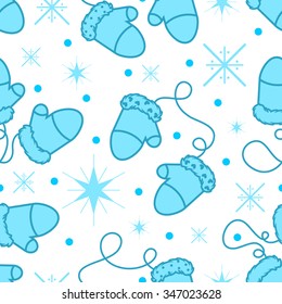 Seamless winter background with mittens and snowflakes
