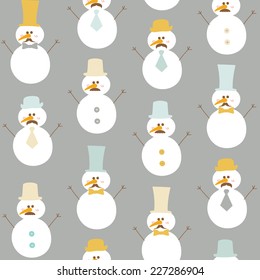 Seamless Winter Background - Retro Snowman with Mustache and Hats - in vector
