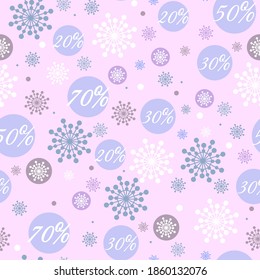 El fondo del invierno es impecable. Bolas de nieve y copos de nieve, porcentajes de ventas sobre fondo de luz rosa. Ilustración vectorial para tiendas, ventas, banners, papel envolvente.