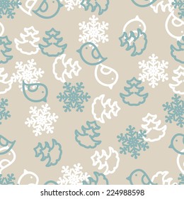 Seamless winter background with snowflakes, birds and christmas trees. Vector illustration.