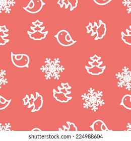 Seamless winter background with snowflakes, birds and christmas trees. Vector illustration.