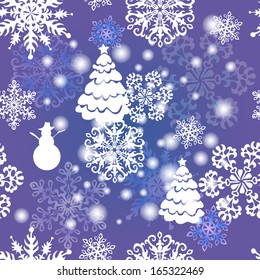 Seamless winter background with snowflakes and snowman