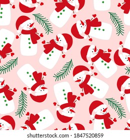 Seamless winter background with a snowman on a pink background. Isolated vector objects. Festive Christmas illustration for fabric, wallpaper, clothing, covers, packaging.