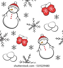 Seamless winter background with snowman, snowflakes, mittens and snowballs on white.  Vector illustration. 