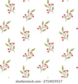 Nahtloses Winterbeerenzweigmuster mit elegantem botanischem Grün und roten Beeren auf sauberem weißen Hintergrund. Perfekt für Weihnachtsdekoration, Papier, Textilien