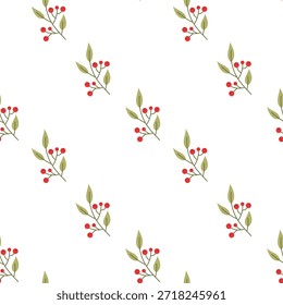 Seamless winter berry branch pattern featuring elegant botanical greenery and red berries on a clean white background. Perfect for Christmas decor, wrapping paper, textiles