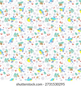 Patrón inconsútil del pájaro del invierno con las bayas azules lindas de los conos de pino de las tetas y los copos de nieve, ilustración juguetona de las Navidades dibujadas a mano para la envoltura textil y la decoración del día de fiesta