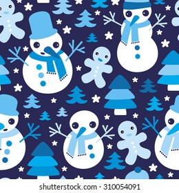 Seamless winter blue gingerbread man and snowman christmas tree illustration holiday background pattern in vector