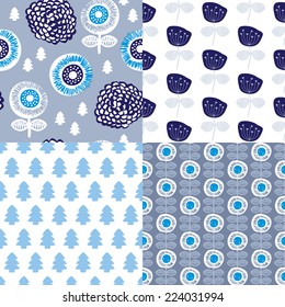 Seamless winter blue retro garden flowers and nature elements for christmas illustration background pattern in vector