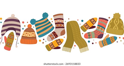 Fronteira de inverno sem costura com acessórios de malha acolhedores. Padrão horizontal com elementos de malhas bonitos