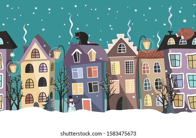 Seamless winter border with cute houses, cats and trees. Cozy town street under fairy snowfall. Christmas vector background