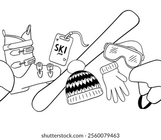 Seamless winter border with ski equipment: Skis, boots, sunglasses, hat, gloves, mitten in graphic line style. Vector graphic line illustration on white transparent background.
