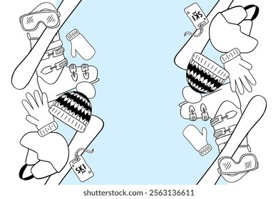 Fronteira de inverno sem costura com equipamento de esqui Esquis, botas, óculos de sol, chapéu, luvas, mitten em estilo de linha gráfica. Modelo de linha gráfica vertical vetorial em plano de fundo transparente.
