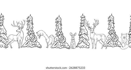 Seamless winter border with snowy fir trees and woodland animals hand drawn black white outline vector. Rustic forest scene with fox, deer, and hare monochrome sketch for holiday cards, winter design.