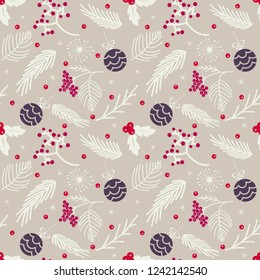 Seamless winter Christmas holiday pattern background with branches, berries and mistletoe ornament motif rustic style
