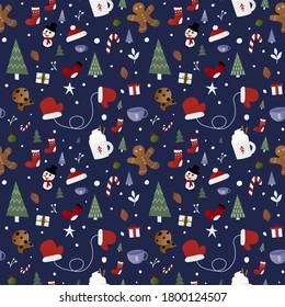 Patrón de vacaciones de navidad de navidad de invierno sin foco con medias, árboles, caramelos, regalos, galletas, sombreros de punto sobre fondo azul oscuro. Saludo estacional.