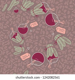 Seamless winter christmas or new year pattern with  mulled wine in Christmas ball. Vector illustration for restaurant or coffee shop.