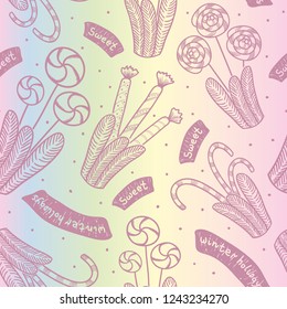 Seamless winter christmas or new year pattern with lots of candy. Vector illustration for cafe, shop, sweet shop.