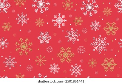 Seamless winter, Christmas pattern with beautiful  white and golden snowflakes on the red background. Winter holidays concept. Christmas, winter, New year background.