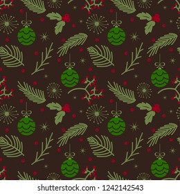 Seamless winter Christmas pattern with branches, berries and mistletoe ornament motif background
