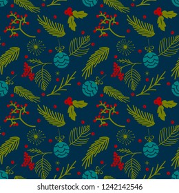  Seamless winter Christmas pattern with branches, berries and mistletoe ornament motif background
