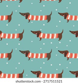 Patrón de Navidades de invierno sin fisuras con perros y nieve sobre fondo azul. 