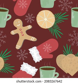 Seamless winter (Christmas) pattern with gingerbread man, with cookies, a cup of warm drink, warm gloves, orange slices and fir branches. Vector graphics for wrapping paper, background or textile.