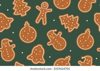 seamless winter, christmas pattern with gingerbread cookies; great for wrapping paper, greeting cards, gift tags, wallpaper and textiles- vector illustration