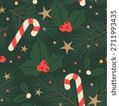 seamless winter, christmas pattern with green fir twigs; mistletoes, candy canes, holly and stars; great for wrapping paper, greeting cards, gift tags, wallpaper and textiles- vector illustration
