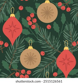 seamless winter, christmas pattern with green fir twigs; baubles and holly berry; great for wrapping paper, greeting cards, gift tags, wallpaper and textiles- vector illustration