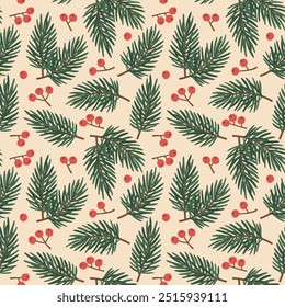 seamless winter, christmas pattern with green fir twigs and red holly berries; great for wrapping paper, greeting cards, gift tags, wallpaper and textiles- vector illustration