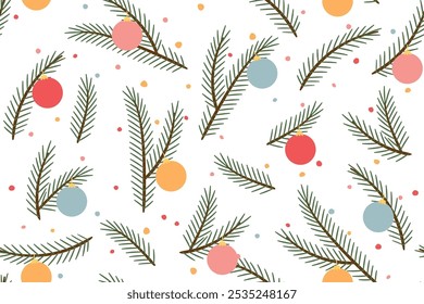 seamless winter, christmas pattern with green fir twigs, colorful baubles and dots; great for wrapping paper, greeting cards, gift tags, wallpaper and textiles- vector illustration