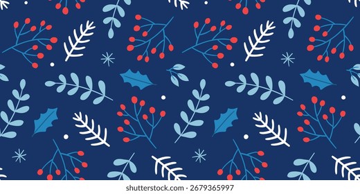 Seamless winter Christmas pattern with leaves, branches on a dark background.