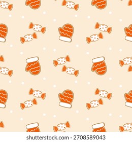 Padrão de inverno e Natal sem costura com luvas, doces envoltos e neve