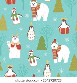 Seamless Winter Christmas pattern of north pole animals cute vector illustration