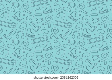 seamless winter, christmas pattern with scarf, mittens, cap, sled, ice skates, snow boots, earmuffs - vector illustration