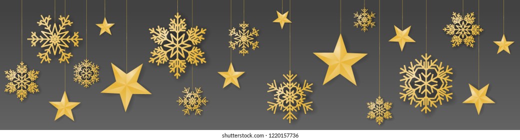 Seamless winter christmas vector with sumptuous hanging gold colored snowflakes and stars on gray background.