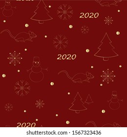 Seamless winter color pattern. Marry Christmas and Happy new year. Chritmas tree, 2020, mouse, snowflakes