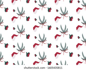 Seamless winter composition with christmas hat, berries and fir tree leaves. Vector